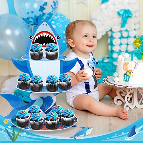 3 Tier Shark Party Cupcake Stand Decorations Under The Sea Shark Theme Cupcake Holder Ocean Animal Shark Dessert Tower for Kids Shark Sea Theme Party Baby Shower Fishing Birthday Party Favor Supplies