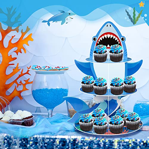 3 Tier Shark Party Cupcake Stand Decorations Under The Sea Shark Theme Cupcake Holder Ocean Animal Shark Dessert Tower for Kids Shark Sea Theme Party Baby Shower Fishing Birthday Party Favor Supplies