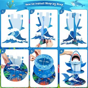 3 Tier Shark Party Cupcake Stand Decorations Under The Sea Shark Theme Cupcake Holder Ocean Animal Shark Dessert Tower for Kids Shark Sea Theme Party Baby Shower Fishing Birthday Party Favor Supplies