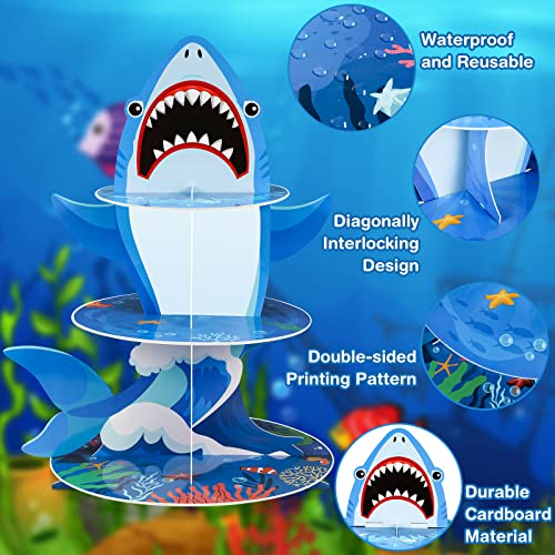 3 Tier Shark Party Cupcake Stand Decorations Under The Sea Shark Theme Cupcake Holder Ocean Animal Shark Dessert Tower for Kids Shark Sea Theme Party Baby Shower Fishing Birthday Party Favor Supplies