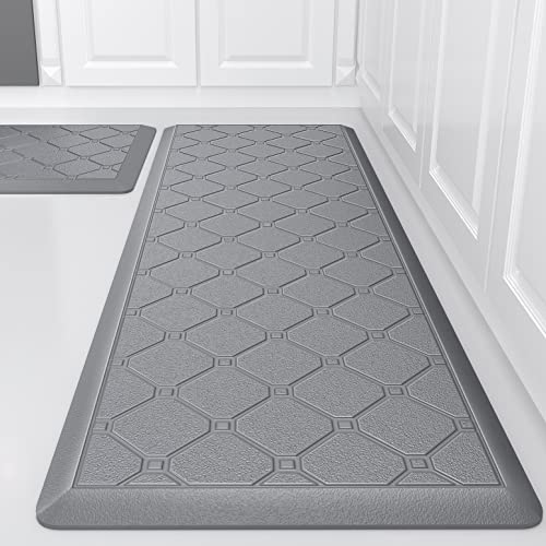 Latida Kitchen Mats 2 PCS Cushioned Anti Fatigue Kitchen Rugs and Mat, 1/2 Inch Thick Waterproof Non Slip Kitchen Rug Set, PVC Non Skid Comfort Cushion Mat for Kitchen Floor Sink Office Laundry, Grey