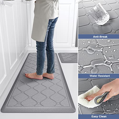 Latida Kitchen Mats 2 PCS Cushioned Anti Fatigue Kitchen Rugs and Mat, 1/2 Inch Thick Waterproof Non Slip Kitchen Rug Set, PVC Non Skid Comfort Cushion Mat for Kitchen Floor Sink Office Laundry, Grey