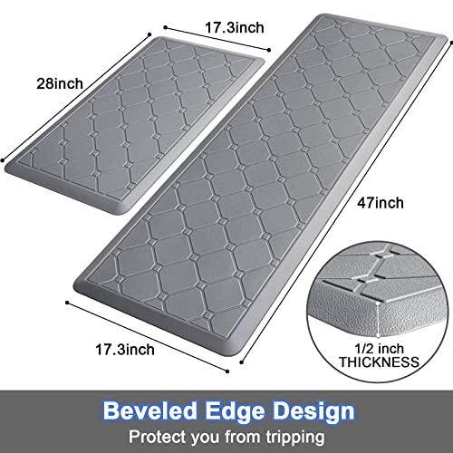 Latida Kitchen Mats 2 PCS Cushioned Anti Fatigue Kitchen Rugs and Mat, 1/2 Inch Thick Waterproof Non Slip Kitchen Rug Set, PVC Non Skid Comfort Cushion Mat for Kitchen Floor Sink Office Laundry, Grey