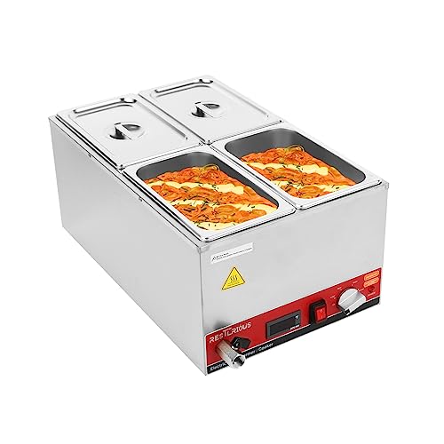 Restlrious 26 QT Commercial Food Warmer Buffet Bain, 4-Pan Stainless Steel & Electric 6.5 QT/Pan Steam Table, Temp Control Soup Warmer with Lid and Tap for Parties, Catering, Restaurants, 110V/1000W