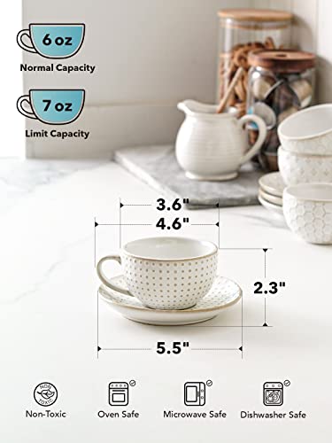 LE TAUCI 6 oz Cappuccino Cups with Saucers, House-warming Gift, Ceramic Embossment Coffee Cup for Au Lait, Double shot, Latte, Cafe Mocha, Tea - Set of 4, Arctic white