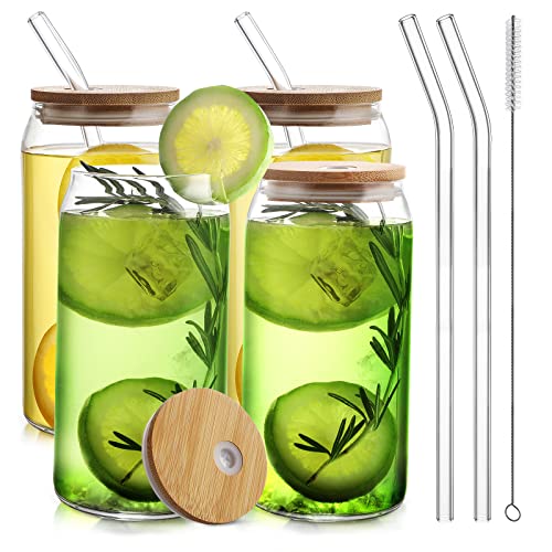 HOMBERKING Glass Cups with Bamboo Lids and Straws 4pcs Set, 20oz Can Shaped Drinking Beer Glasses, Iced Coffee Cups, Cute Tumbler Cups with 1 Cleaning Brush, Ideal for Cocktail, Whiskey, Tea, Gift