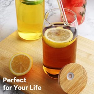 HOMBERKING Glass Cups with Bamboo Lids and Straws 4pcs Set, 20oz Can Shaped Drinking Beer Glasses, Iced Coffee Cups, Cute Tumbler Cups with 1 Cleaning Brush, Ideal for Cocktail, Whiskey, Tea, Gift