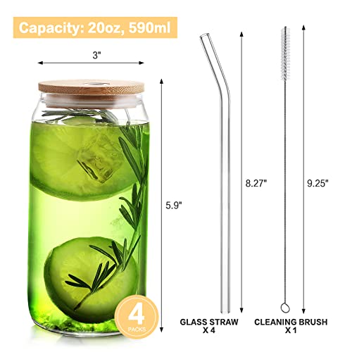 HOMBERKING Glass Cups with Bamboo Lids and Straws 4pcs Set, 20oz Can Shaped Drinking Beer Glasses, Iced Coffee Cups, Cute Tumbler Cups with 1 Cleaning Brush, Ideal for Cocktail, Whiskey, Tea, Gift