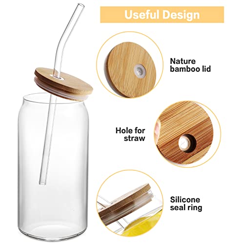 HOMBERKING Glass Cups with Bamboo Lids and Straws 4pcs Set, 20oz Can Shaped Drinking Beer Glasses, Iced Coffee Cups, Cute Tumbler Cups with 1 Cleaning Brush, Ideal for Cocktail, Whiskey, Tea, Gift