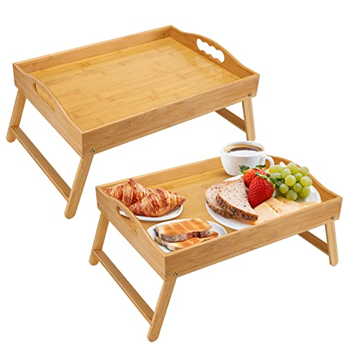 Moretoes 2pcs Bed Tray Table for Eating, Bamboo Breakfast Food Tray with Foldable Legs and Handles Serving for Bed Breakfast Eating Sofa Laptop Desk Snack Tray