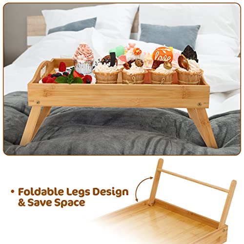Moretoes 2pcs Bed Tray Table for Eating, Bamboo Breakfast Food Tray with Foldable Legs and Handles Serving for Bed Breakfast Eating Sofa Laptop Desk Snack Tray