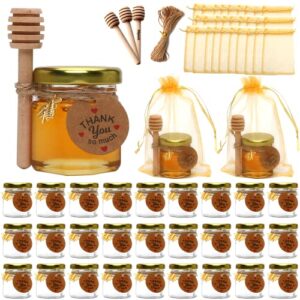 XING-RUIYANG 30 PACK 1.5 oz Mini Glass Honey Jar, Small Hexagonal Honey Jars with Wooden Dipper Gold Lid Bee Charms Gold Gift Bags and Rope for Baby Shower Wedding Party Favors