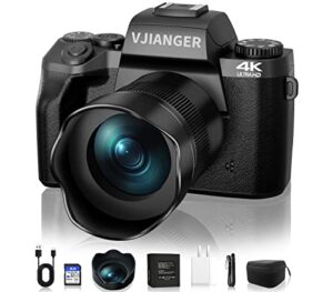 vjianger digital camera for photography 4k vlogging camera for youtube 64mp mirrorless camera with wifi, dual camera, 52mm fixed lens, 4.0" touch screen, 32gb sd card & camera bag(w05-black3)