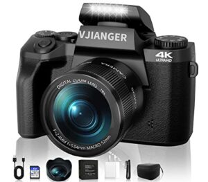 vjianger digital camera 4k vlogging camera 64mp mirrorless cameras for photography with dual camera, wifi, 52mm fixed lens, 4.0" touch screen, 32gb sd card & camera bag(w05-black2)