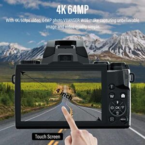 VJIANGER Digital Camera 4K Vlogging Camera 64MP Mirrorless Cameras for Photography with Dual Camera, WiFi, 52mm Fixed Lens, 4.0" Touch Screen, 32GB SD Card & Camera Bag(W05-Black2)