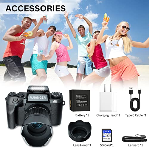 VJIANGER Digital Camera 4K Vlogging Camera 64MP Mirrorless Cameras for Photography with Dual Camera, WiFi, 52mm Fixed Lens, 4.0" Touch Screen, 32GB SD Card & Camera Bag(W05-Black2)