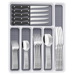 hammered silverware set with organizer, 49 piece stainless steel flatware set for 8, eating utensil sets with steak knives, cutlery tableware service include fork knife spoon set, mirror polished