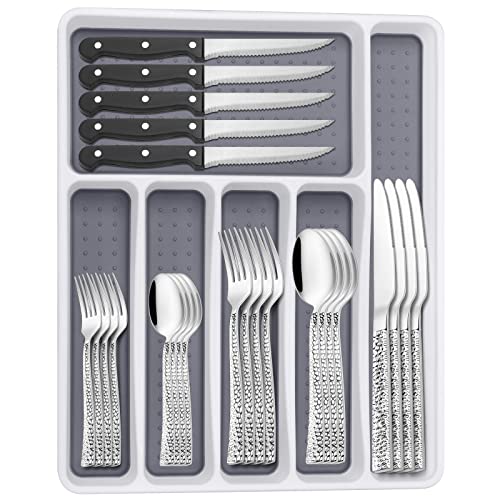 Hammered Silverware Set with Organizer, 49 Piece Stainless Steel Flatware Set for 8, Eating Utensil Sets with Steak knives, Cutlery Tableware Service Include Fork Knife Spoon Set, Mirror Polished