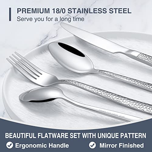 Hammered Silverware Set with Organizer, 49 Piece Stainless Steel Flatware Set for 8, Eating Utensil Sets with Steak knives, Cutlery Tableware Service Include Fork Knife Spoon Set, Mirror Polished