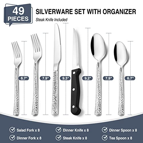 Hammered Silverware Set with Organizer, 49 Piece Stainless Steel Flatware Set for 8, Eating Utensil Sets with Steak knives, Cutlery Tableware Service Include Fork Knife Spoon Set, Mirror Polished