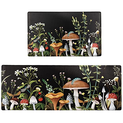 FNLNDO Mushroom Kitchen Rugs and Mats Green Mushroom Kitchen Decor Anti Fatigue Kitchen Floor Mat Set of 2 Non-Skid Washable Kitchen Runner Rug for Kitchen Sink Laundry (Green, 17.5"x29.5"+17.5"x47")