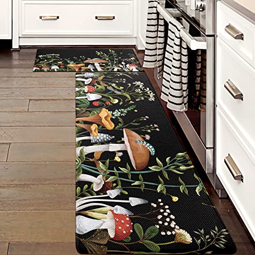 FNLNDO Mushroom Kitchen Rugs and Mats Green Mushroom Kitchen Decor Anti Fatigue Kitchen Floor Mat Set of 2 Non-Skid Washable Kitchen Runner Rug for Kitchen Sink Laundry (Green, 17.5"x29.5"+17.5"x47")