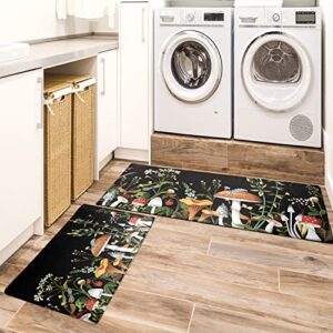 FNLNDO Mushroom Kitchen Rugs and Mats Green Mushroom Kitchen Decor Anti Fatigue Kitchen Floor Mat Set of 2 Non-Skid Washable Kitchen Runner Rug for Kitchen Sink Laundry (Green, 17.5"x29.5"+17.5"x47")