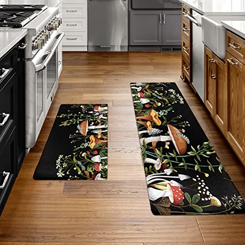 FNLNDO Mushroom Kitchen Rugs and Mats Green Mushroom Kitchen Decor Anti Fatigue Kitchen Floor Mat Set of 2 Non-Skid Washable Kitchen Runner Rug for Kitchen Sink Laundry (Green, 17.5"x29.5"+17.5"x47")