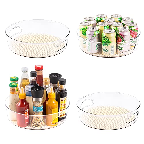 4 Pack Lazy Susan Organizer for Cabinet with Handle, 12 inch Clear Spinning Storage Lazy Susan Turntable for Pantry, Kitchen Sink, Corner Cabinet, Bathroom, Countertop, Non-Skid Liners Included, Round