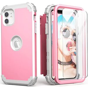 idweel iphone 11 case with screen protector(tempered glass), hybrid 3 in 1 shockproof slim fit heavy duty protection hard pc cover soft silicone bumper full body case,pink/light grey