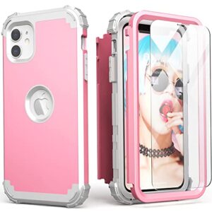 IDweel iPhone 11 Case with Screen Protector(Tempered Glass), Hybrid 3 in 1 Shockproof Slim Fit Heavy Duty Protection Hard PC Cover Soft Silicone Bumper Full Body Case,Pink/Light Grey