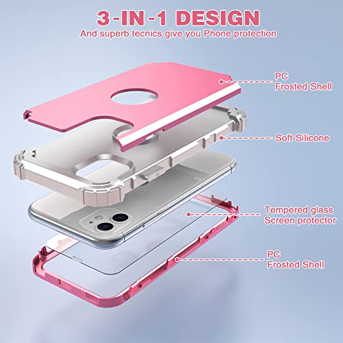 IDweel iPhone 11 Case with Screen Protector(Tempered Glass), Hybrid 3 in 1 Shockproof Slim Fit Heavy Duty Protection Hard PC Cover Soft Silicone Bumper Full Body Case,Pink/Light Grey