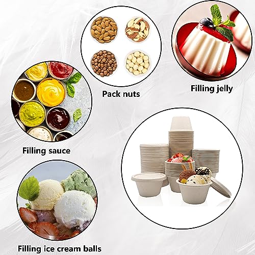 Goiio 100 Pcs 4 Oz Bagasse Fiber Condiment Cups with Lids, Compostable Portion Cups, Disposable Souffle, for Snack Dressing Food Storage