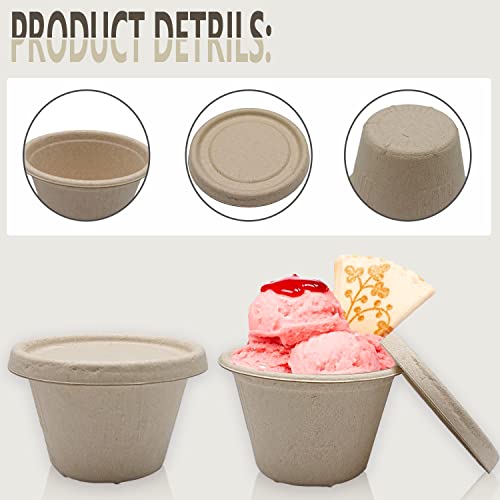 Goiio 100 Pcs 4 Oz Bagasse Fiber Condiment Cups with Lids, Compostable Portion Cups, Disposable Souffle, for Snack Dressing Food Storage