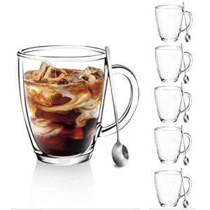 [6 pack,12 oz] design•master premium glass coffee mugs with spoons. transparent tea glasses for hot/cold beverages, perfect design for americano, cappuccino, tea and beverage.