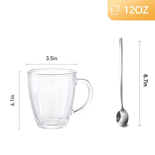 [6 PACK,12 OZ] DESIGN•MASTER Premium Glass Coffee Mugs with Spoons. Transparent Tea Glasses for Hot/Cold Beverages, Perfect Design for Americano, Cappuccino, Tea and Beverage.