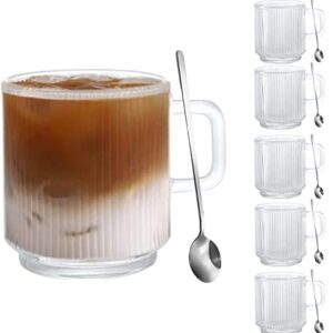 [6 PACK, 12 OZ]DESIGN•MASTER Premium Vertical Stripes Glass Coffee Mugs with Spoons, Transparent Tea Glasses for Hot/Cold Beverages, Perfect Design for Americano, Cappuccino, Latte and Beverage.