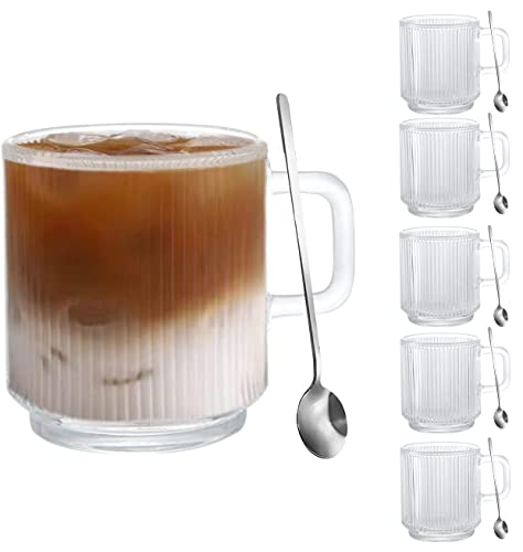 [6 PACK, 12 OZ]DESIGN•MASTER Premium Vertical Stripes Glass Coffee Mugs with Spoons, Transparent Tea Glasses for Hot/Cold Beverages, Perfect Design for Americano, Cappuccino, Latte and Beverage.