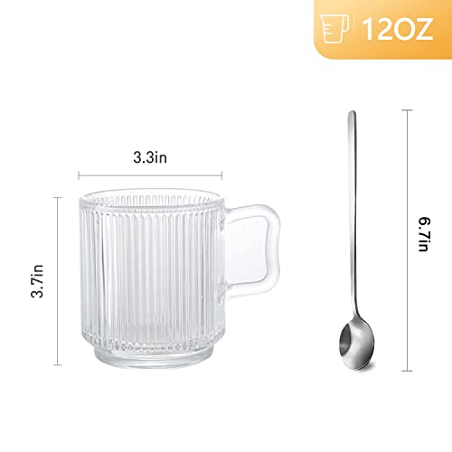[6 PACK, 12 OZ]DESIGN•MASTER Premium Vertical Stripes Glass Coffee Mugs with Spoons, Transparent Tea Glasses for Hot/Cold Beverages, Perfect Design for Americano, Cappuccino, Latte and Beverage.