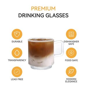 [6 PACK, 12 OZ]DESIGN•MASTER Premium Vertical Stripes Glass Coffee Mugs with Spoons, Transparent Tea Glasses for Hot/Cold Beverages, Perfect Design for Americano, Cappuccino, Latte and Beverage.