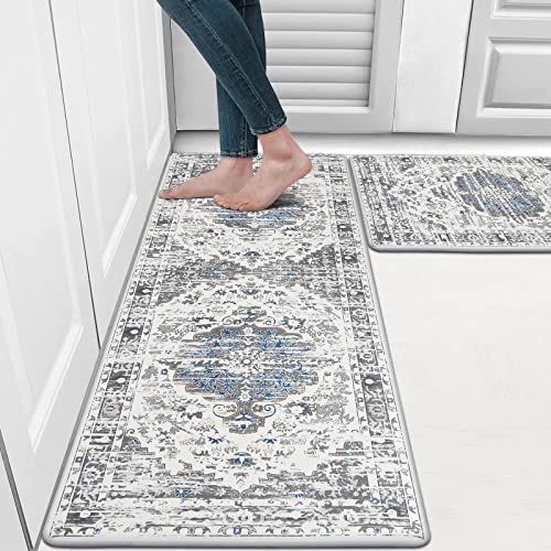 HEBE Boho Anti Fatigue Kitchen Rug Sets 2 Piece Non Slip Cushioned Kitchen Rugs and Mats Kitchen Mats for Floor Waterproof Distressed Kitchen Rug Carpet Runner for Sink Laundry Office