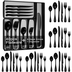 49piece black silverware set with organizer, stainless steel flatware set for 8 with drawer tray, kitchen tableware service cutlery matte steak knives fork spoon for home restaurant, dishwasher safe