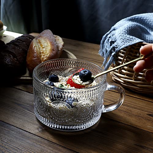 4 Pcs Vintage Glass Coffee Mugs, Overnight Oats Containers with Lids and Spoons, 14oz Clear Glass Tea Cups, Cute Coffee Bar Accessories, Iced Coffee Glasses, Ideal for Cappuccino, Tea, Latte, Oats