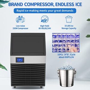 Commercial Grade Ice Maker Machine - 450W 80-90LBS/24H with 40LBS Bin, Full Heavy Duty Stainless Steel Construction, Freestanding Automatic Clear Cube Ice Making Machine for Home Bar