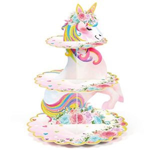 3 tier unicorn cupcake stand party decorations rainbow unicorn birthday cupcake holder unicorn theme dessert tower for kids unicorn party baby shower wedding family（cute color, unicorn）