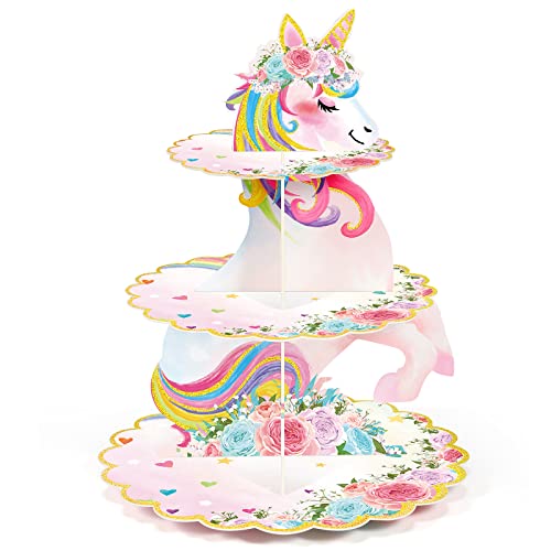 3 Tier Unicorn Cupcake Stand Party Decorations Rainbow Unicorn Birthday Cupcake Holder Unicorn Theme Dessert Tower for Kids Unicorn Party Baby Shower Wedding Family（Cute Color, Unicorn）