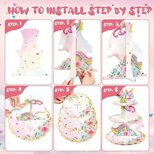 3 Tier Unicorn Cupcake Stand Party Decorations Rainbow Unicorn Birthday Cupcake Holder Unicorn Theme Dessert Tower for Kids Unicorn Party Baby Shower Wedding Family（Cute Color, Unicorn）