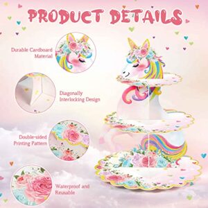 3 Tier Unicorn Cupcake Stand Party Decorations Rainbow Unicorn Birthday Cupcake Holder Unicorn Theme Dessert Tower for Kids Unicorn Party Baby Shower Wedding Family（Cute Color, Unicorn）