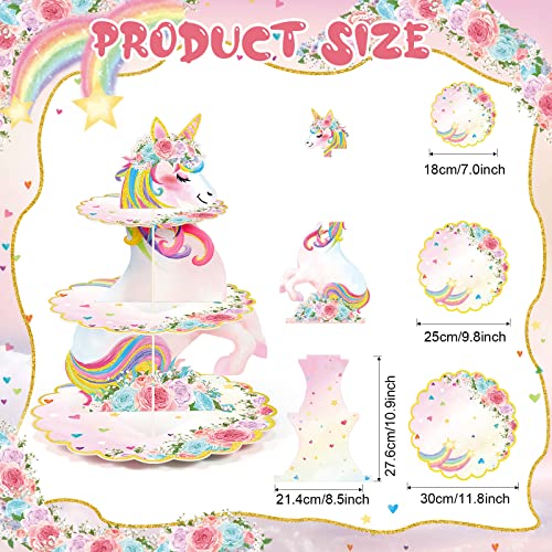 3 Tier Unicorn Cupcake Stand Party Decorations Rainbow Unicorn Birthday Cupcake Holder Unicorn Theme Dessert Tower for Kids Unicorn Party Baby Shower Wedding Family（Cute Color, Unicorn）