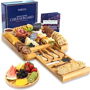 varezza extra large charcuterie boards set: bamboo cheese board and knife set - cheese tray, round bamboo fruit cheese platter, 10 charcuterie boards accessories, house warming gifts new home - unique